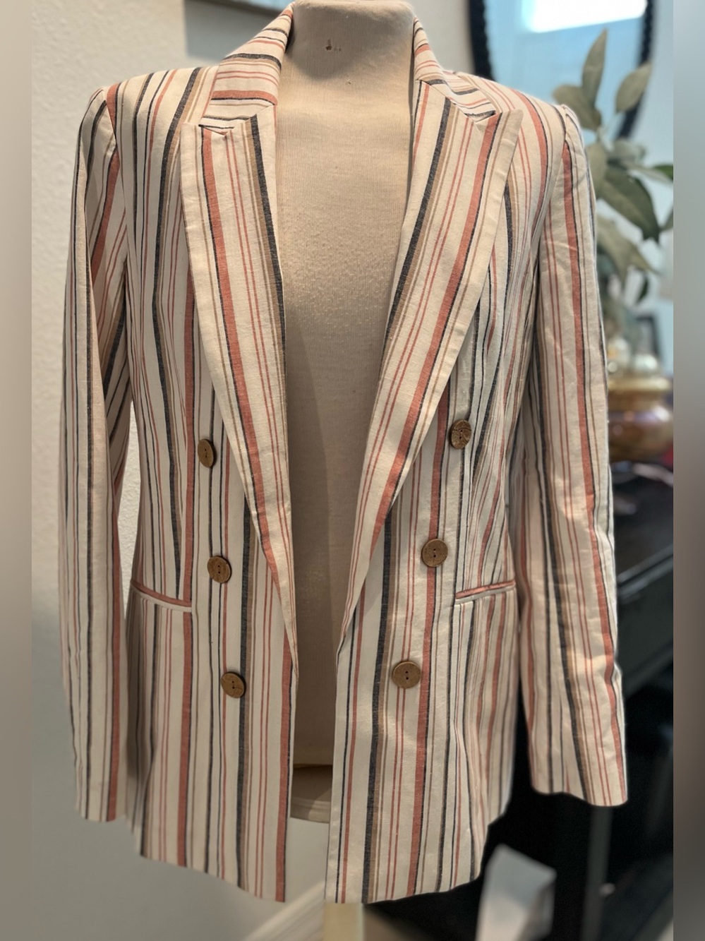 Bar III Cream Blazer with Pink and Grey Stripes